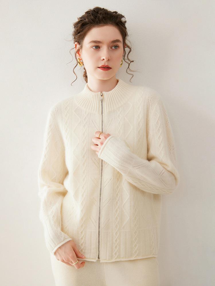 Women's Cashmere Zipper Stand Collar Cardigan - Thick, Loose, Slimming Knit Sweater Coat for Autumn & Winter