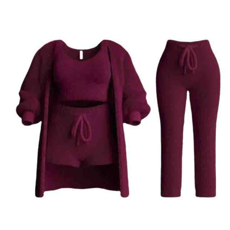 Damen Flauschige 4-teilige 4 Pe Outfits Rundhals Crop Tanktops Langarm Fleece Warm Kapuzen-Cardigan Shorts Set Loungewear