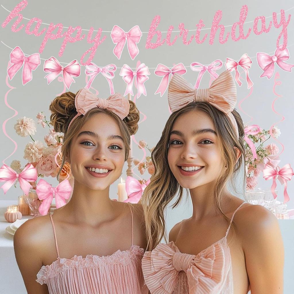 Pink Bow Happy Birthday Banner Garland and Hanging Swirls for Girl Pink Bow Coquette Birthday Party Decorations
