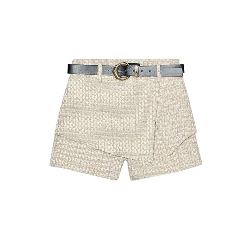 

Металлическая пуговица Декоративная текстура круглый вырез Короткий жилет 2200130 с поясом Текстура А-силуэт Юбка-шорты 2201130 Nude shorts L