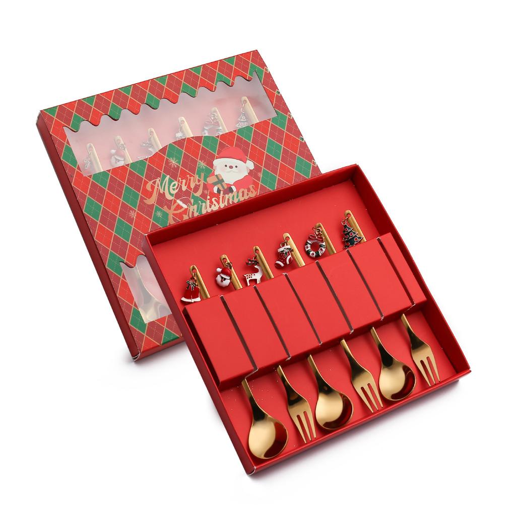 

Christmas 6pcs Spoon Fork Set Gold Reusable Dessert Utensils Party Gift Holiday Spoon Fork Red