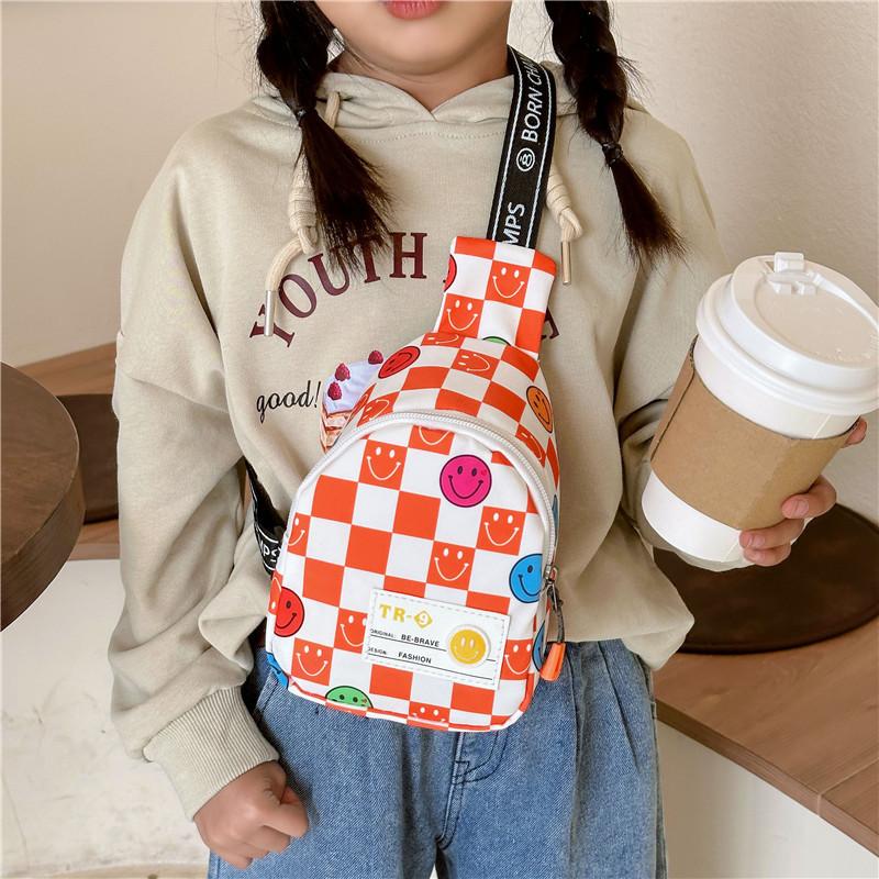 Smiling Face Chessboard Children Diagonal Shoulder Bag Casual Outdoor Storagebag