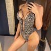 Leopard Metallringe Neckholder Cut-Out Monokini Damen Bademode Einteiliger Badeanzug Weiblich Hochbeinausschnitt Badegast Badeanzug Schwimmen V3752