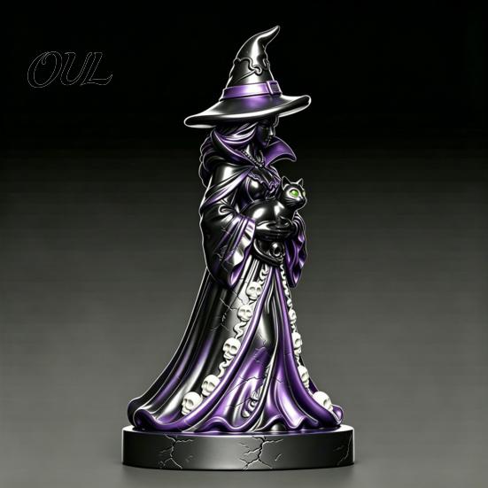 Dark Style Room Accents Lighted Witch Figurine, Holding Black Cat Statue, Gothic Mysterious Statue Sculpture with LED Lights for Halloween Table