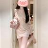 Pink Halter Neck Off-Shoulder Long Sleeve Dress with Lace - Flirty Early Autumn Style