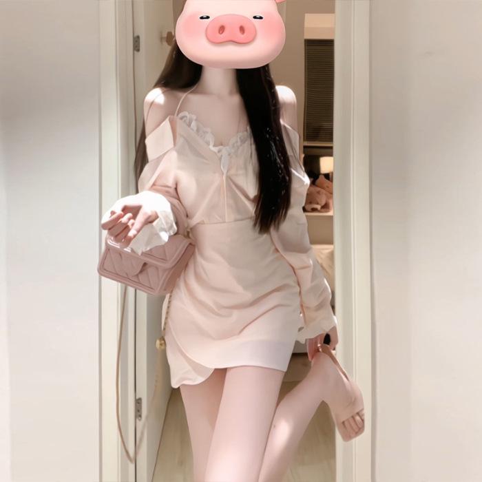 Pink Halter Neck Off-Shoulder Long Sleeve Dress with Lace - Flirty Early Autumn Style 2XL