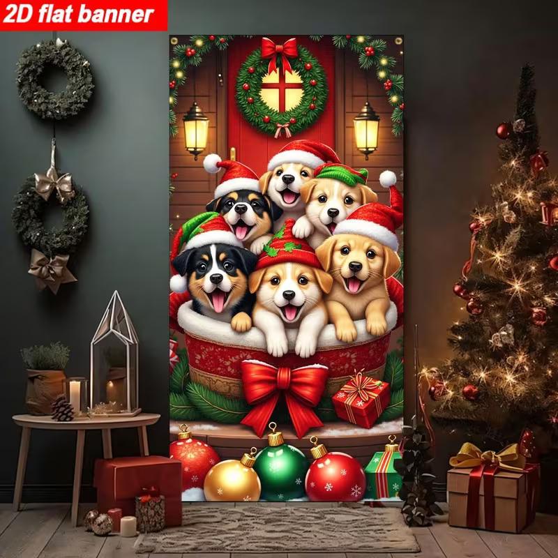2D Christmas Puppy Door Cover, Cute Dogs with Santa Hats Party Background