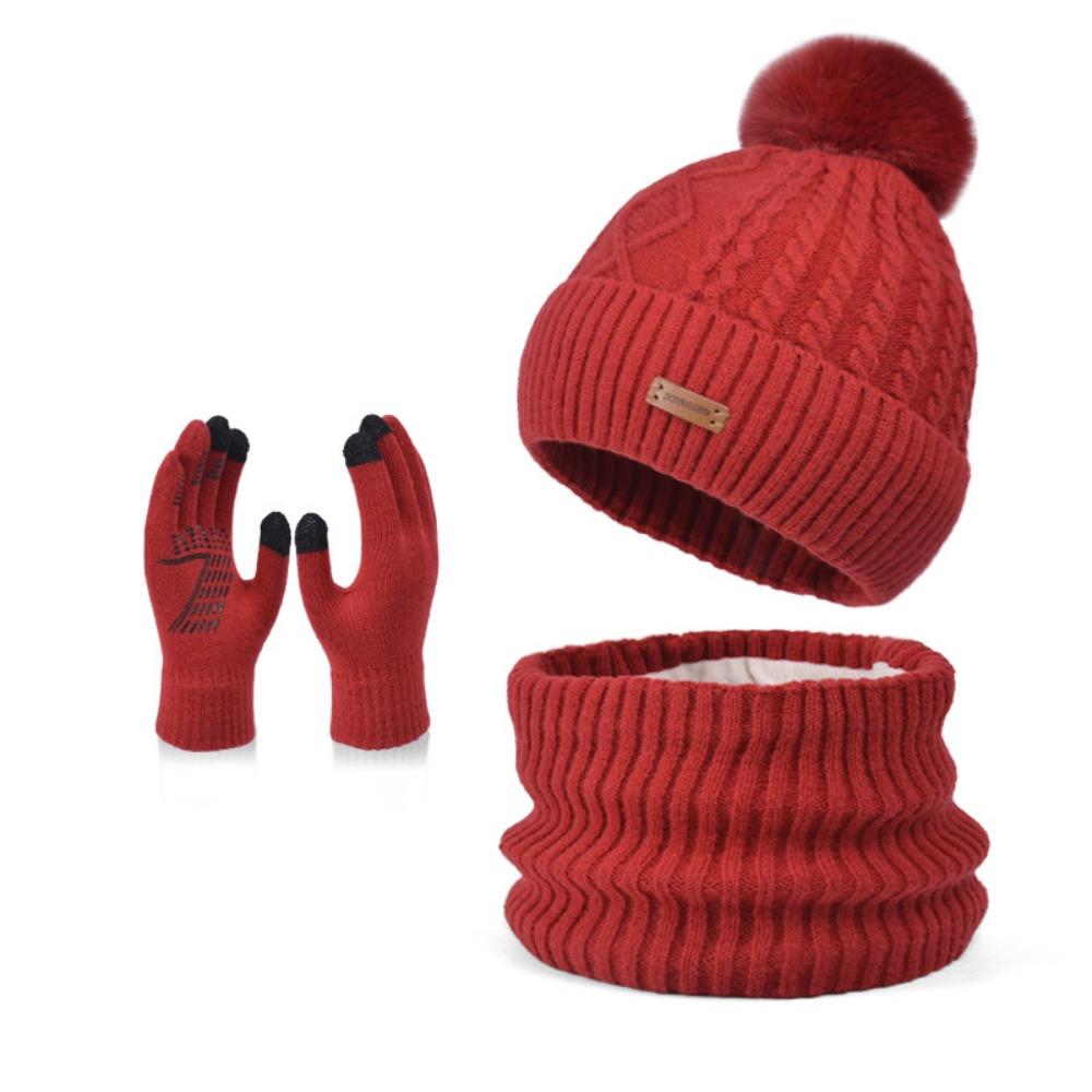 3pcs Solid Color Hat Scarf Gloves Set Warm Winter Beanie Hat Simple Thermal Knit Cap  Outdoor