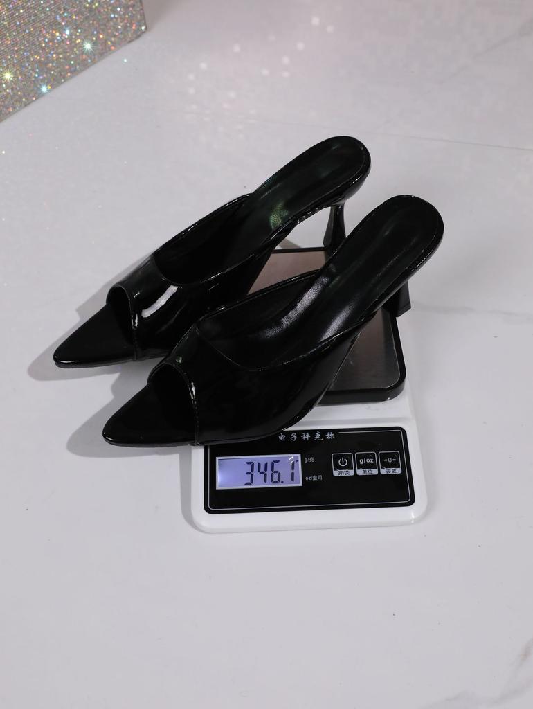 Patent leather high-heeled slippers women's new summer pointed thin heel one-word large size outside wear cool slippers