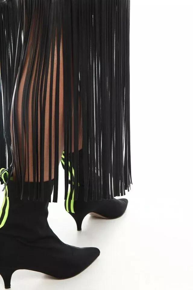 Dámská sukně Černá Pravá jehněčí kůže S třásněmi Ručně vyráběná Klubová Párty Stylová