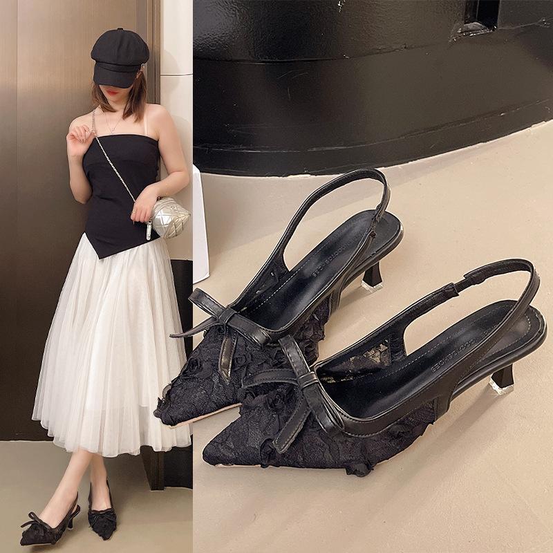 Breathable Low-heeled Single Shoes Pink Lace Bow Pointed Head Bag Head Sandals Femininity New Versatile 2025 Summer