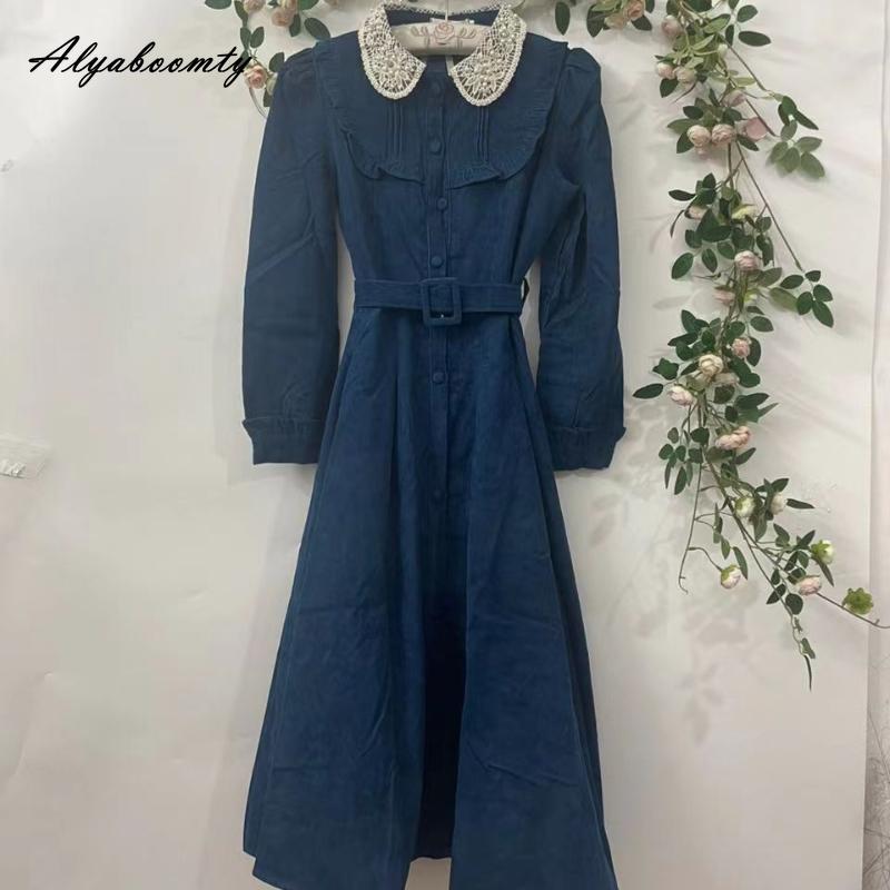 Mori Girl Autumn Winter Women Long Shirt Dress Blue Beading Vintage Buttons Dress Corduroy Elegant Feminine Dress With Belt