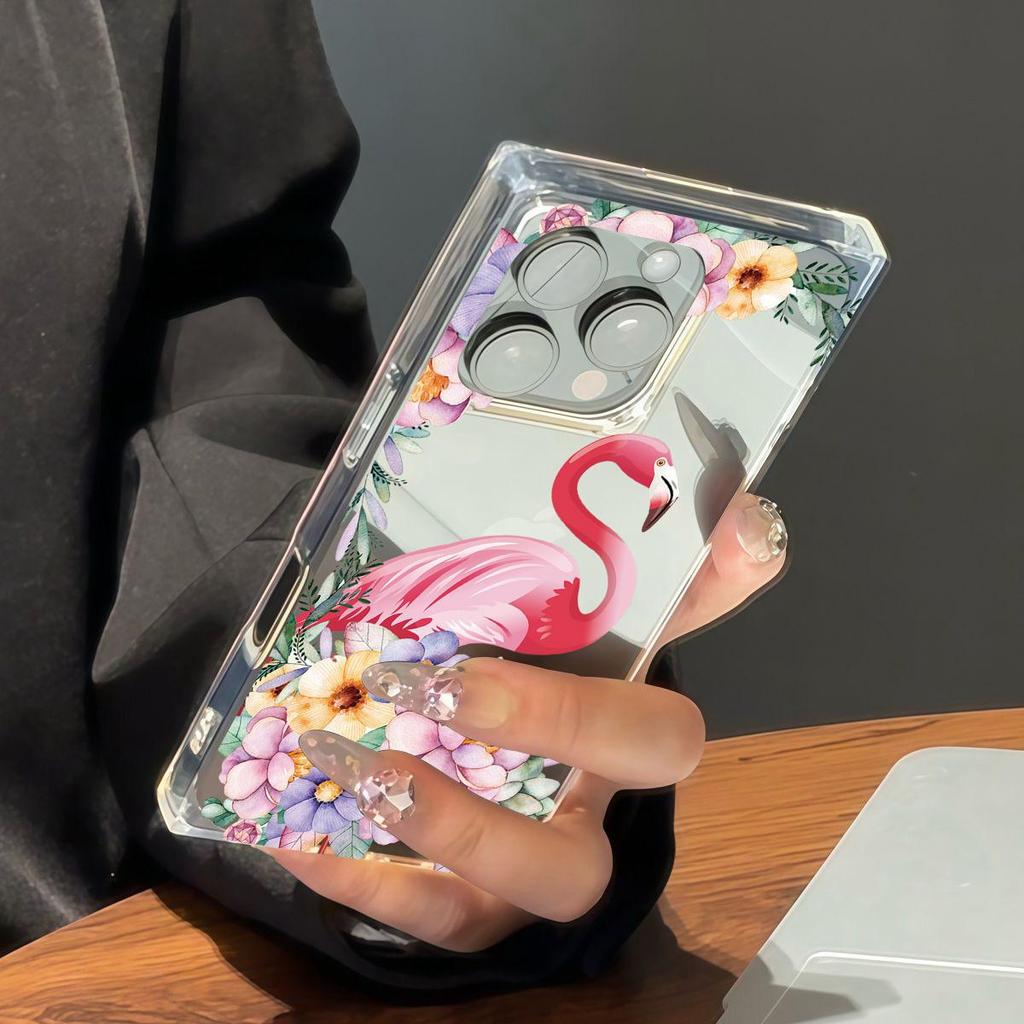 Clear Square Back Tube Case Protection For iPhone 14 Pro Max 13 16 ProMax 15 Plus 11 12 Anti-Oxygen,Petal Flamingo Pattern Casing