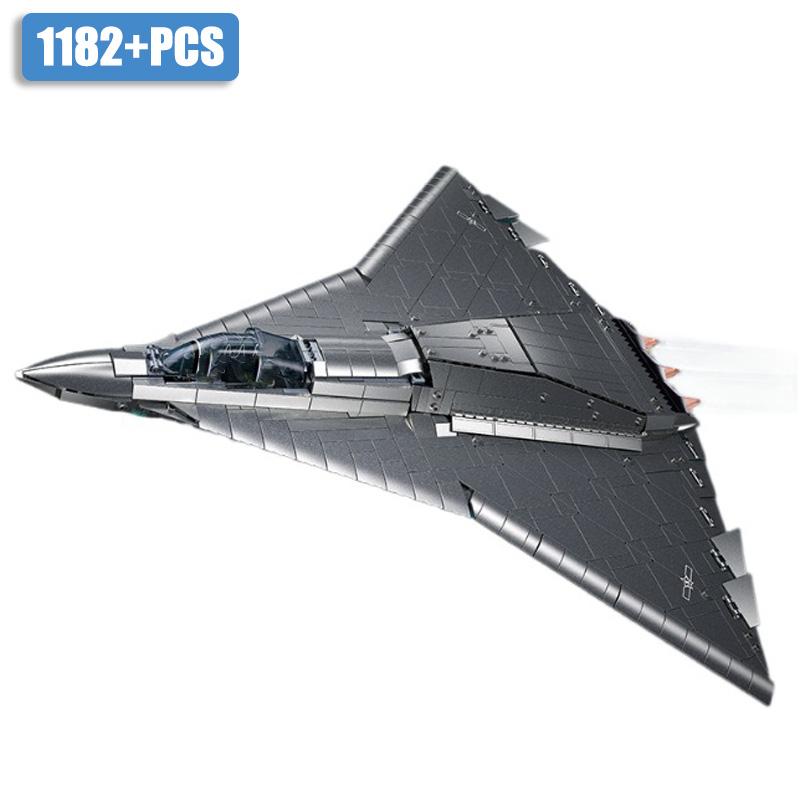 Военный 1182 детали Истребитель Шестого Поколения J-36 Набор Строительных Блоков Модель MOC Металлический Титановый Серебристый Истребитель Игрушки Подарки для Детей