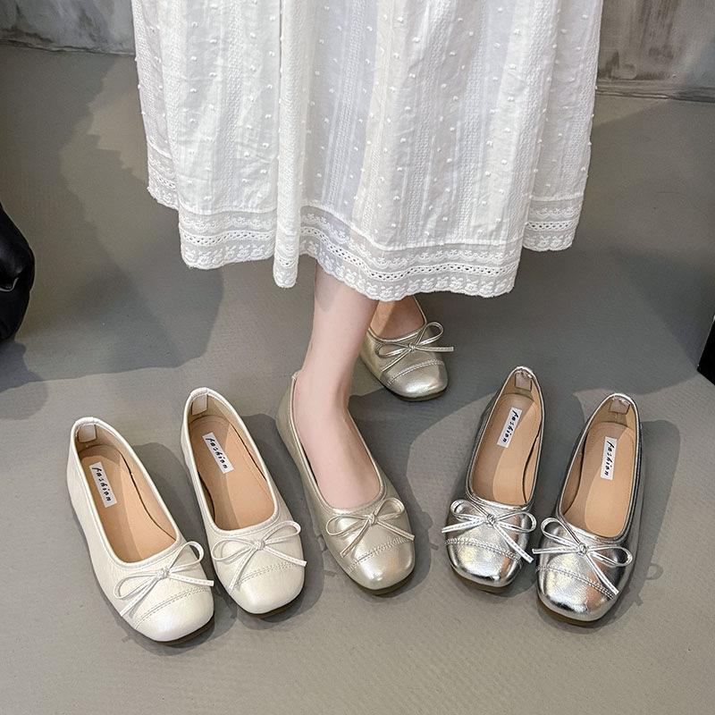 Bow square head flat sole shoes women's summer 2025 new retro versatile silver light mouth gentle beanie shoes