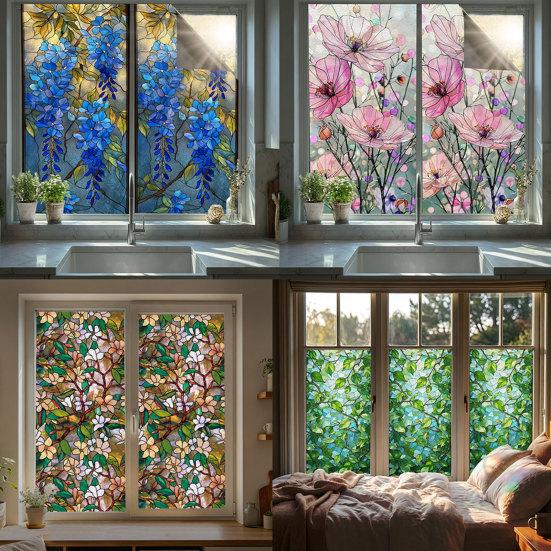 Sticker pour Vitre Statique, Film pour Fenêtre Texture Fleur en Verre Coloré, Autocollant de Fenêtre Imperméable Anti-poussière Bloquant les Rayons UV pour la Décoration de la Maison