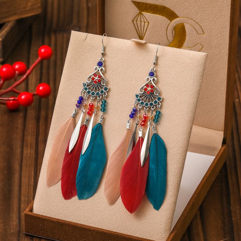 Vintage Ethnic Bohemian Crystal Beads Handmade Feather Tassel Women Earrings Long Drop Dangle Boho Jewelry Pendientes Mujer
