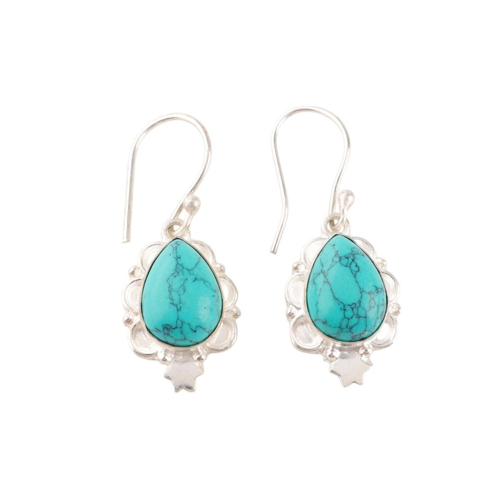 Blue Turquoise Gemstone 925 Stamped Silver Jewelry Handmade Girls Earrings 1.6" EE-163-23