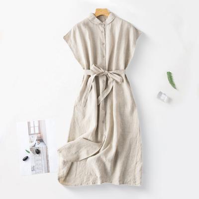 Baumwolle Leinen Knopfleiste Hemd Midi Kleid für Damen Lässig Reverskragen Ärmelloses Kleid mit Gürtel für Strandpartys