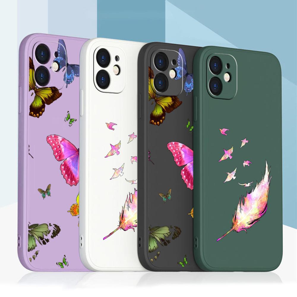 N76 Butterfly with Lanyard Silicone Straight Edge Phone Cases for Xiaomi Poco X5 F6 Redmi Note 13 Pro 12C Realme C55 Huawei Shockproof Cover