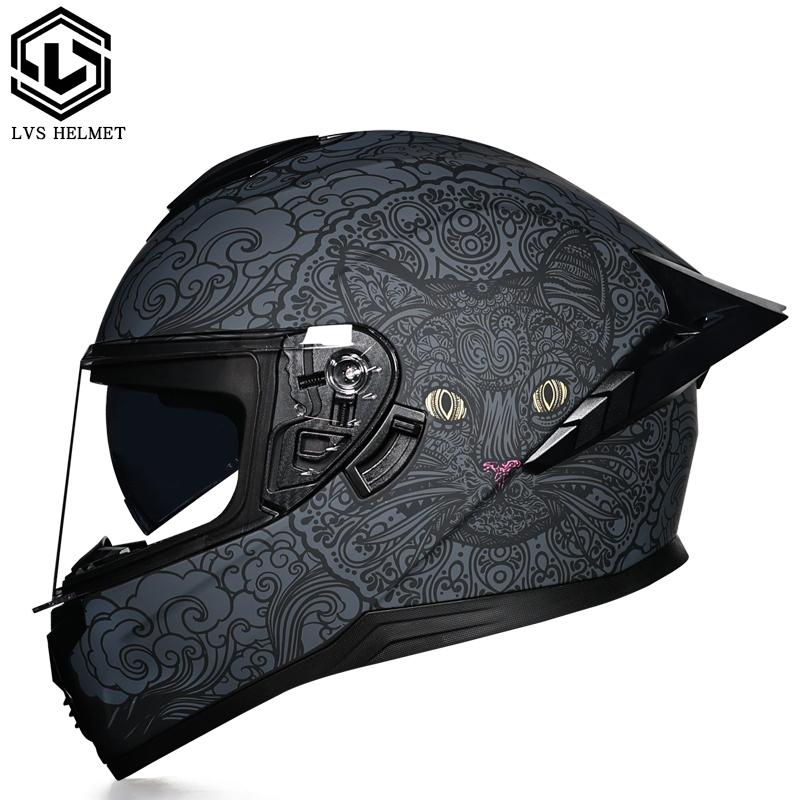 LVS full face motorcycle helmet DOT approved retro cat pattern motorcycle racing helmet with double-sided cover