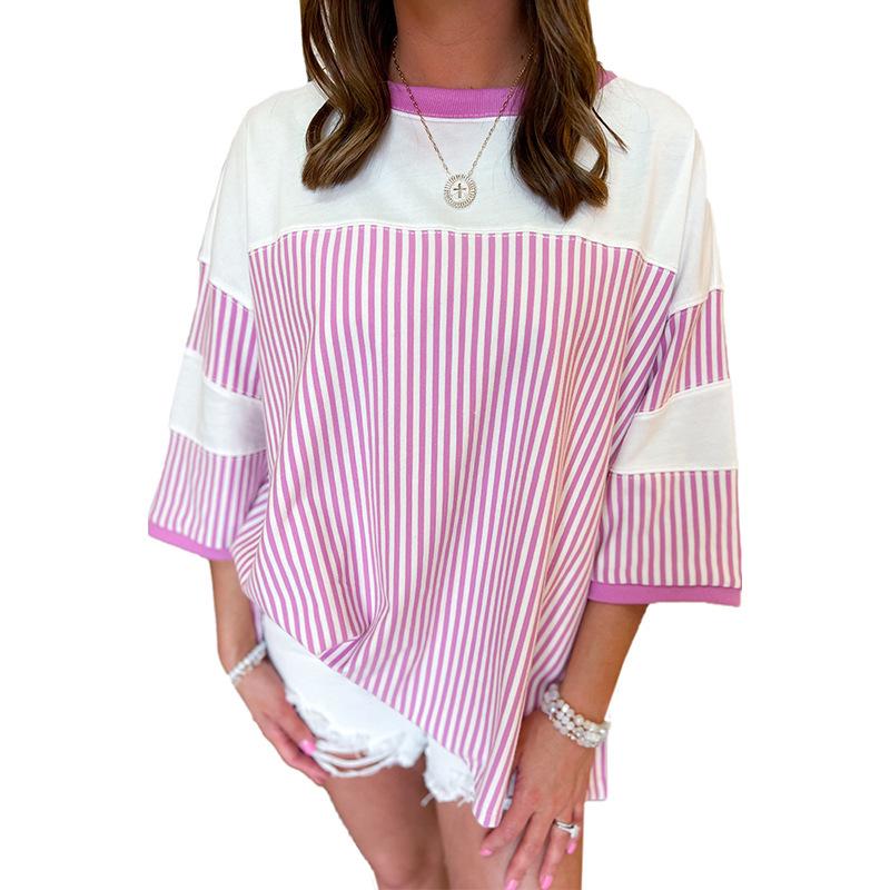 Women s Summer 2025 Fashion Striped Color Block Loose Fit Seven-Sleeve T-Shirt - Plus Size Available XL
