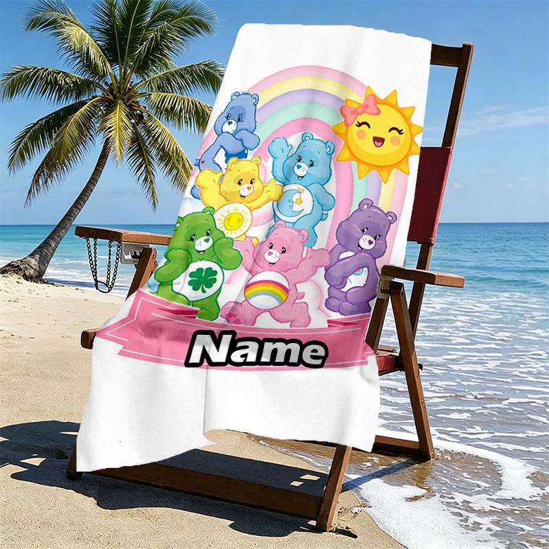 Custom Name Personalized Care Bears Print Beach Towel, for Trip Camping Beach Party Home Decor, Birthday Gift for Family & Friends