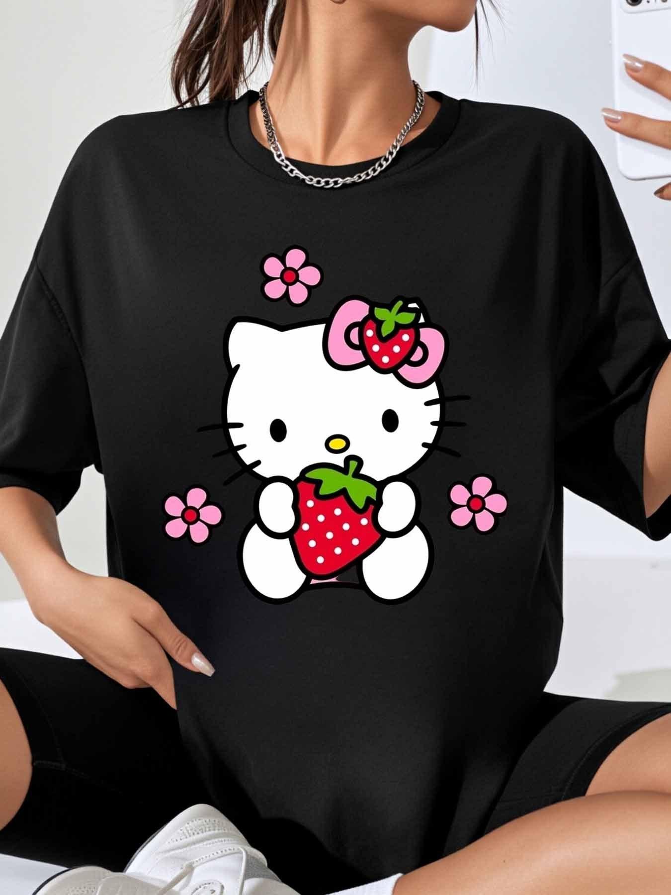 

Hello Kitty Strawberry Print Womens TShirt Fashionable Casual Cartoon ShortSleeve Crew Neck Top Holiday Gift Cotton Shirt S