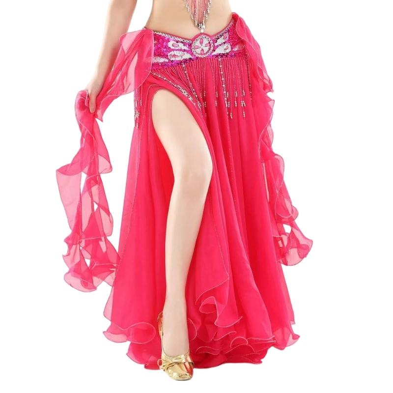 Women Belly Dance Wrap Skirt with Split Design Fashion High Waist Performances Skirt for Dancing Party and Stage Shows