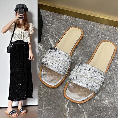 Summer New Fashion Sequined Beaded Design Open-toe Slippers Solid Color Versatile Comfortable Slippers for Women Large Size