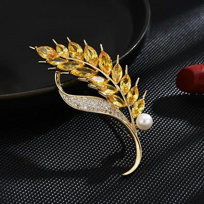 Korean Version Of The New Product Micro-Inlaid Zircon Wheat Ear Brooch Clothing Accessories Freshwater Pearl Copper Gold-Plated Corsage Wholesale Deli
