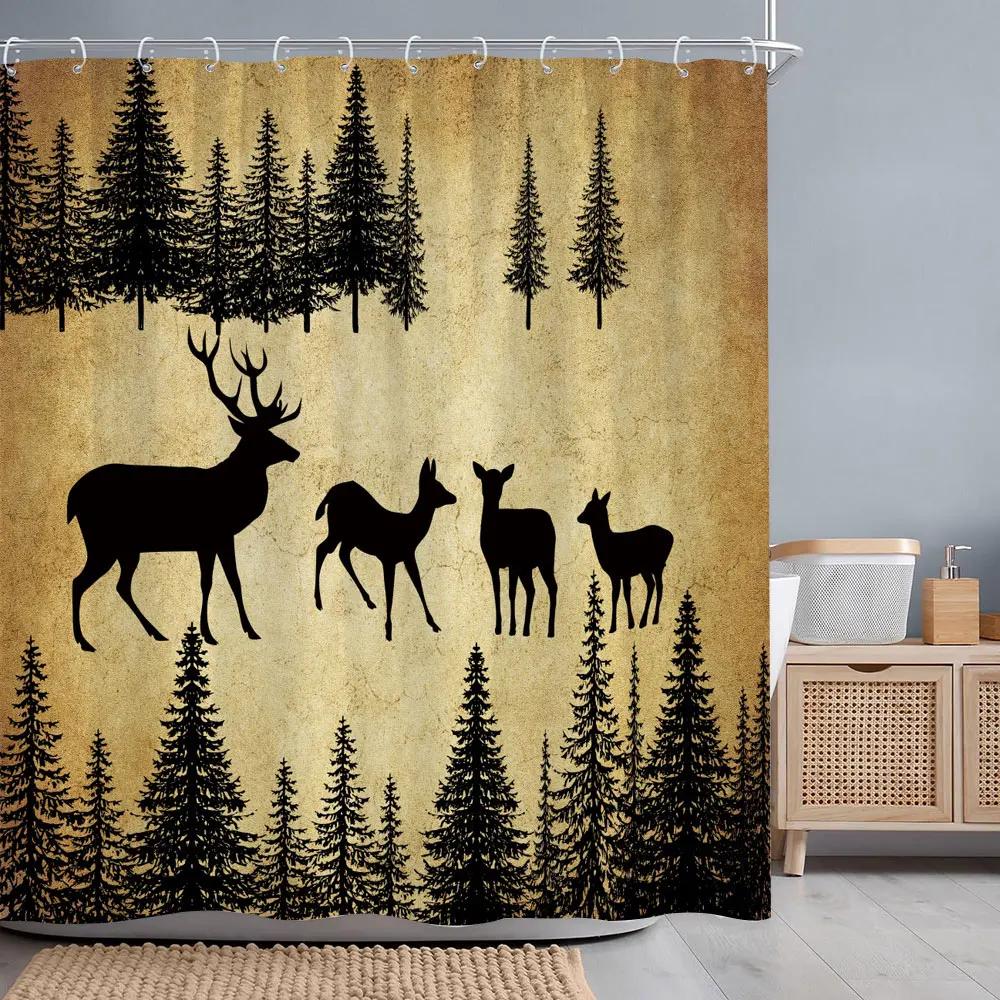 Vintage Lattice Outdoor Camping Shower Curtain Bear Deer Forest Rustic Wooden Panels Shower Curtains Bathroom Decor With Hooks