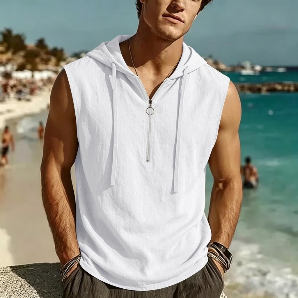Men's New Summer Fashion T-Shirt - Casual Hooded Solid Color Sleeveless Zipper Hawaiian Beach T-Shirt