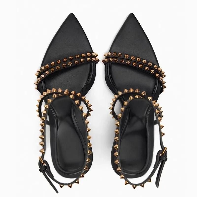 Fashion Rivet Embellished Thin Heeled Sandals Women Summer Sexy Pointed Toe Ankle Strap High Heels Elegant Party Luxury Designer Shoes