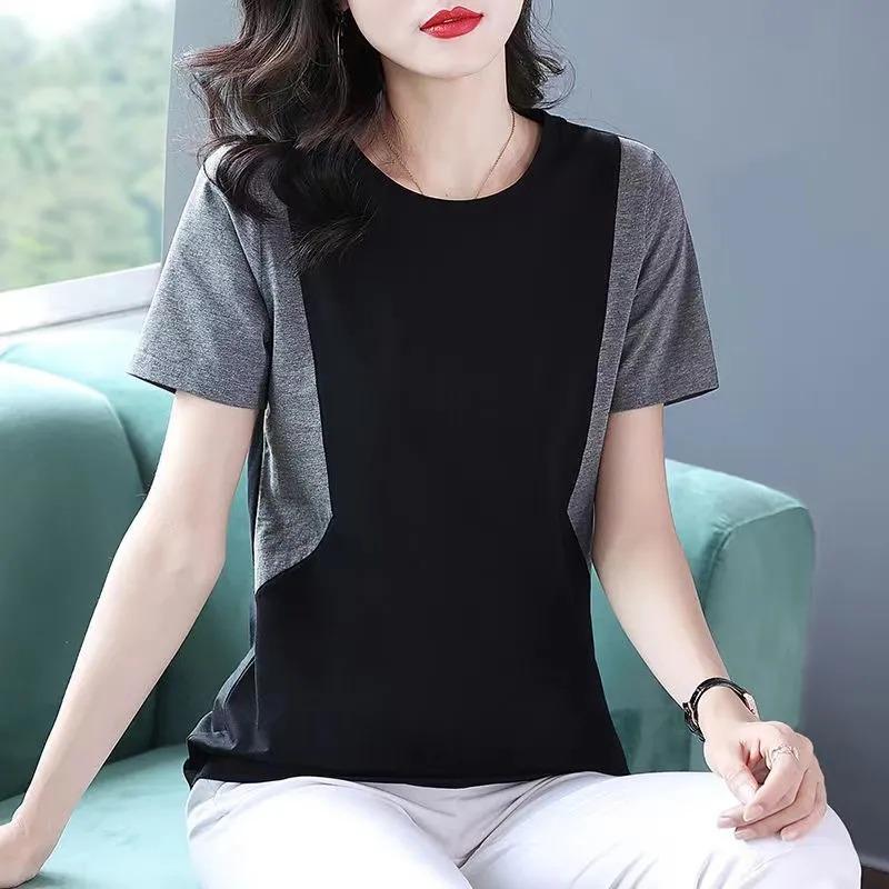 Pure Cotton Summer Mother's Short-sleeved Patchwork Style Mid-to-large Size Round Neck Loose Women's T-shirt Top