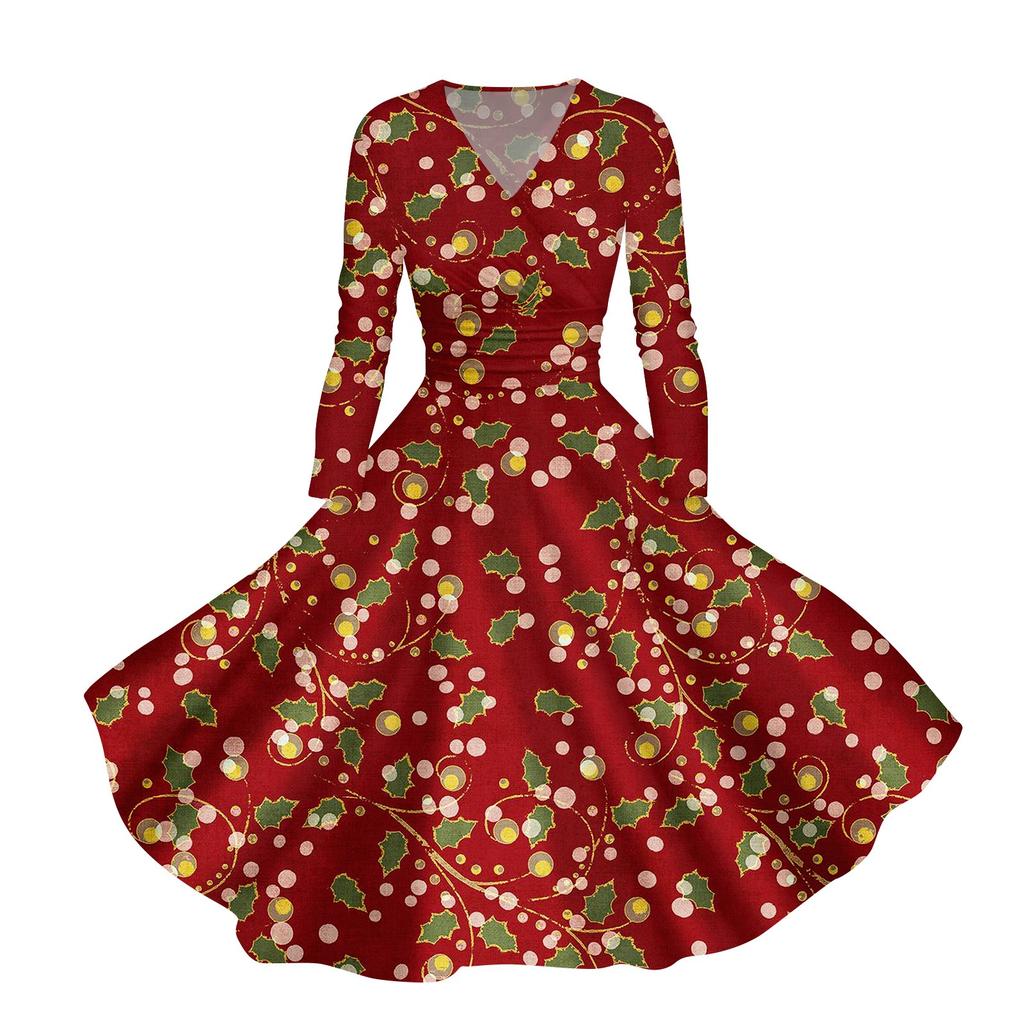 Abito casual da donna con scollo a V, maniche lunghe, stampa natalizia retrò, autunno