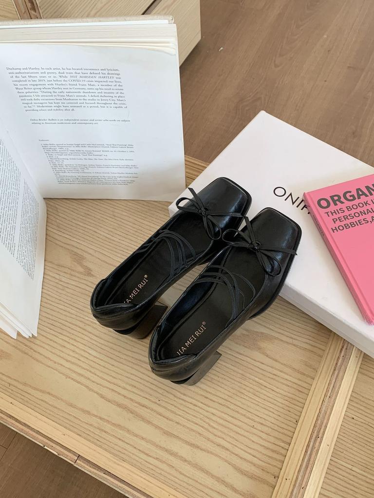 Brown French Square Head Bow Mary Jane High Heels 2025 Autumn New Retro Thick Heel Light Mouth Single Shoes