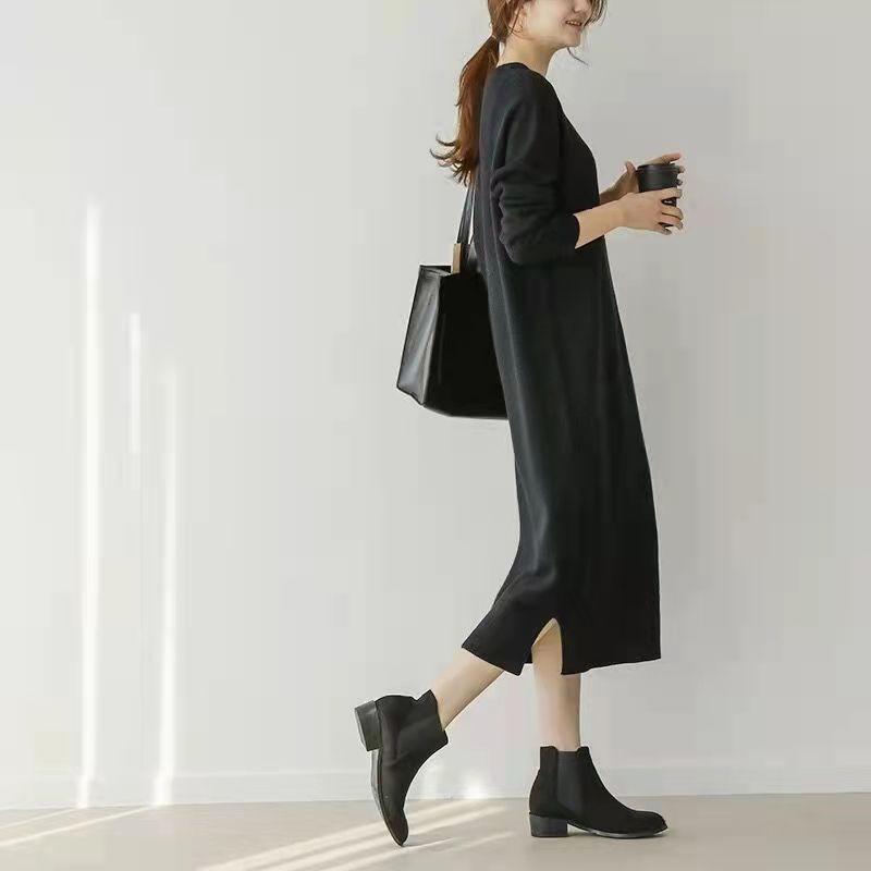 Autumn and Winter New Women's Round Neck Medium and Long Solid Color Knitted Bottoming Sweater Skirt Knee Dress