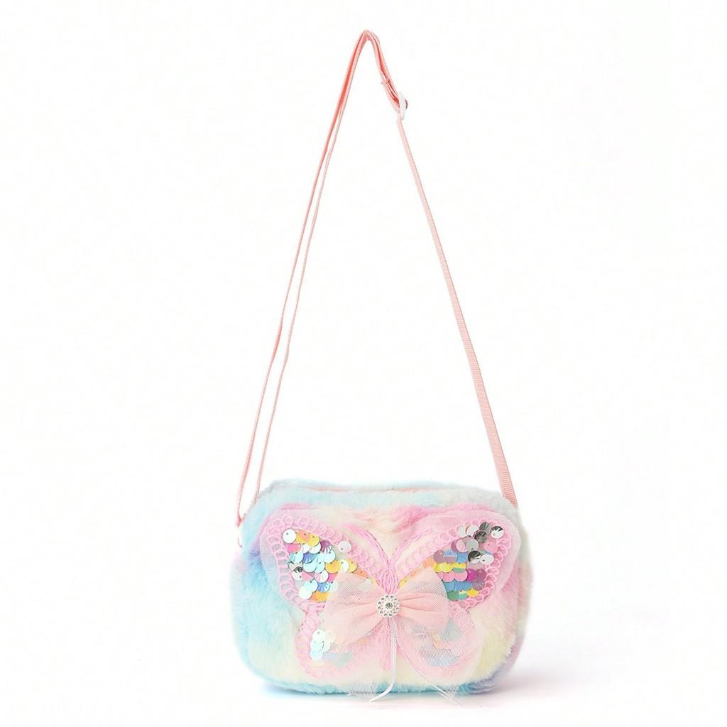 

Girl Pink Butterfly Cartoon Print Plush Crossbody Bag For Daily Casual Use