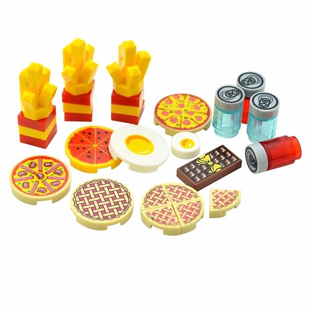 Stadt Lebensmittel Bausteine Küchenzubehör Hamburger Pizza Pommes Kuchen Schokolade Kekse MOC Steine Spielzeugkorb Teile LEDUO