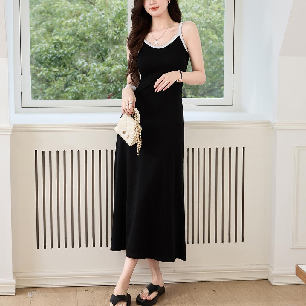 Dámský letní nový styl čistá bavlna kontrastní véčkový výstřih vesta dlouhá sukně s velkým rozsahem švihání šaty na ramínka