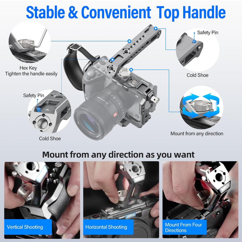 Sirui Camera Cage Kit for Sony with Top Compatible with Original XLR HDMI Cable Threaded ARRI Locating Cold and NATO Rail FX3/FX30 Handle, Handles,