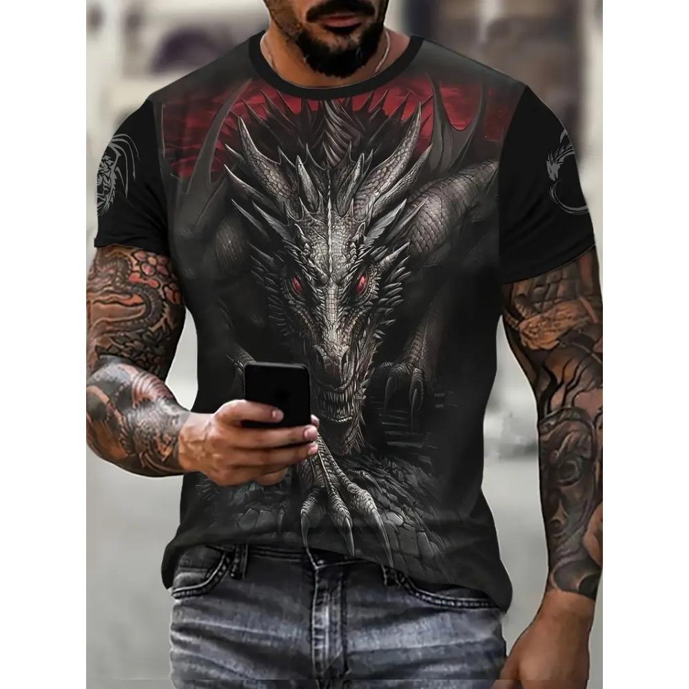 Men's T-shirt Dragon Print T-Shirt Stylish Streetwear Crew Neck T-shirt Outdoor Casual Plus Size Tees Top Women Clothing