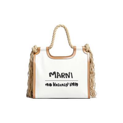 X No Vacancy Inn Kollaboration Logo Quaste Design Baumwolle und Leder Tragetasche Damen Tragetasche Weiß Beige BMMP0024U2P5493ZO537