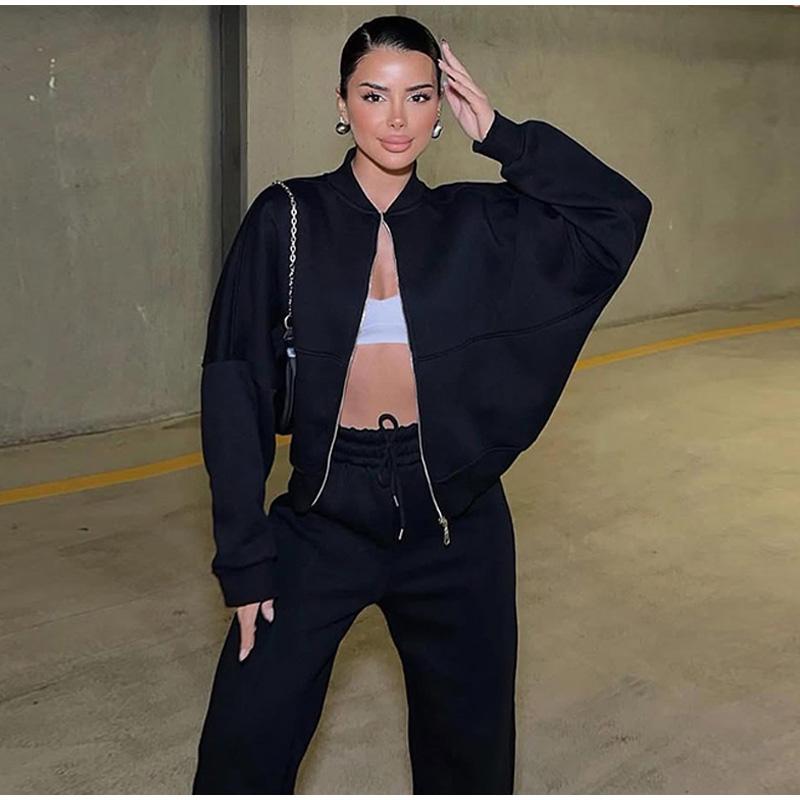 Ležérní mikina na zip, kalhoty, sada, ženy, jednobarevná, s výstřihem do O-neck, bomber bunda, volné šněrovací kalhoty s vysokým pasem, 2025 jaro/podzim, nové dámské obleky