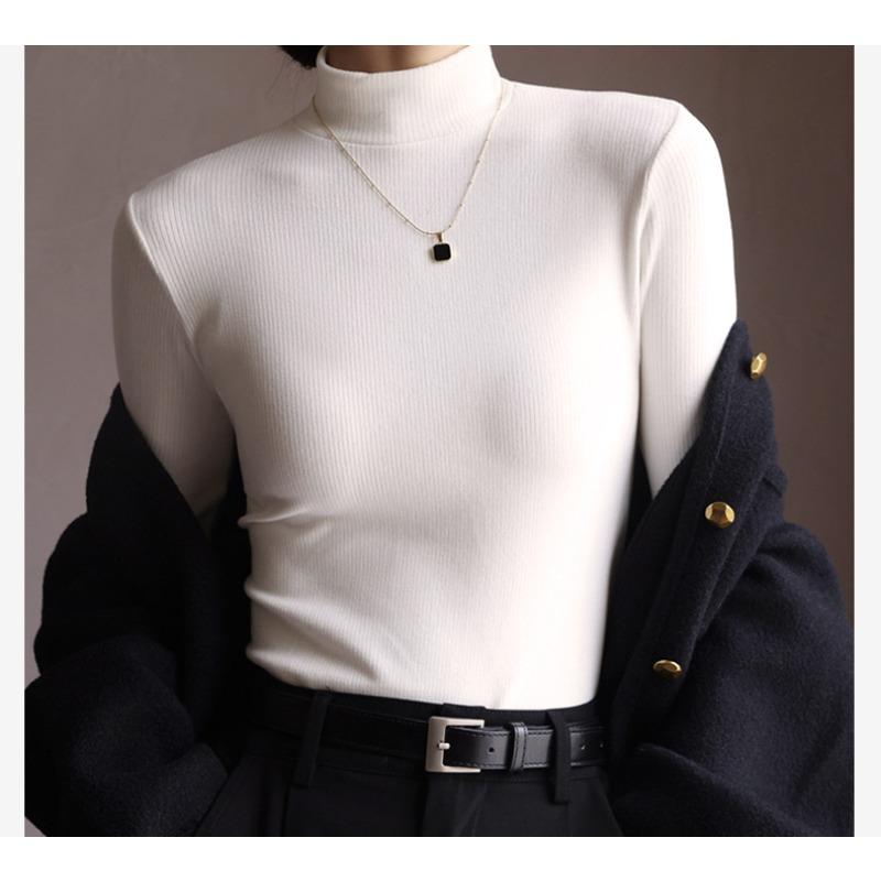 Herbst Winter Hoher Kragen Einfarbig Unterteilter Pullover Top Damen Langarm Lässig Mode Samt Warmes T-Shirt Tee