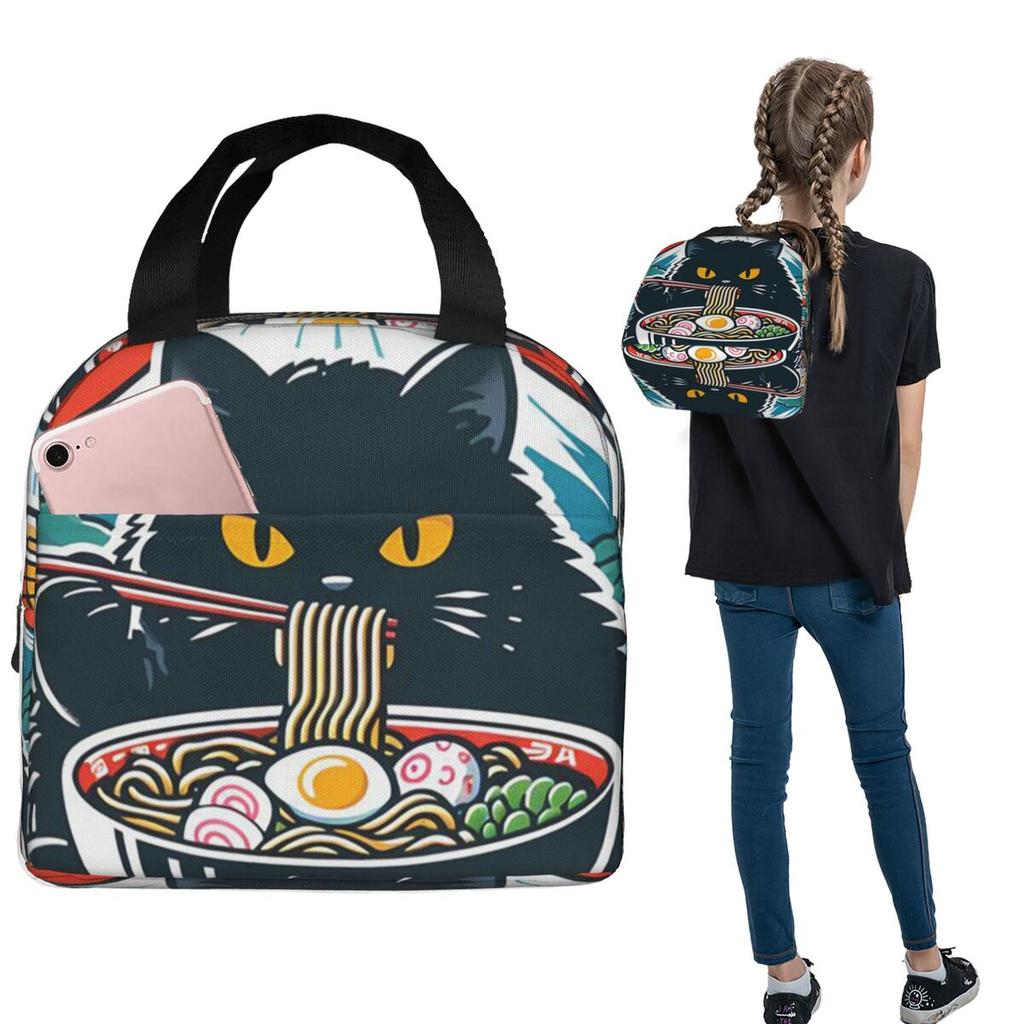 An Adorable Cat Relishing A Bowl Of Ramen Insulated Lunch Bag for Women Children Portable Food Boxes Thermal Lunch Box Tote