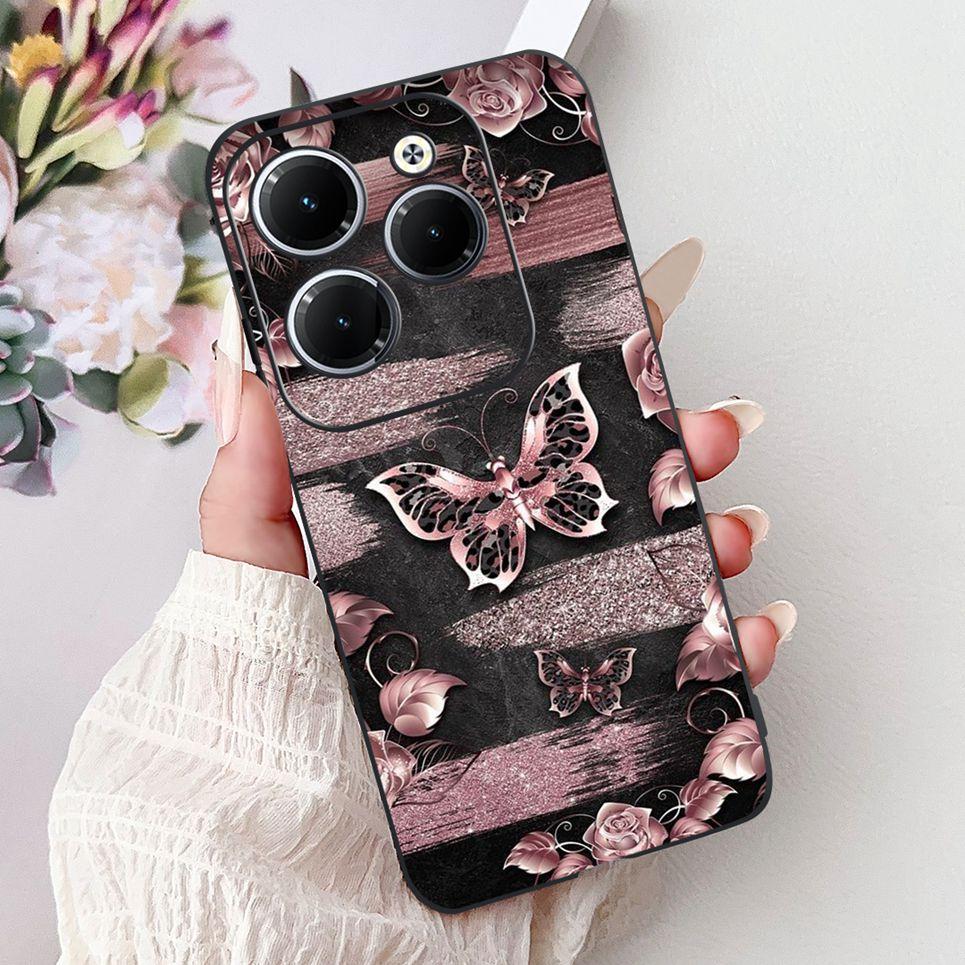Cover For Tecno Spark 20 Pro Plus Back Bumper Spark 20Pro 20C Colorful Butterfly Flower Painting Phone Case Black Soft Silicone