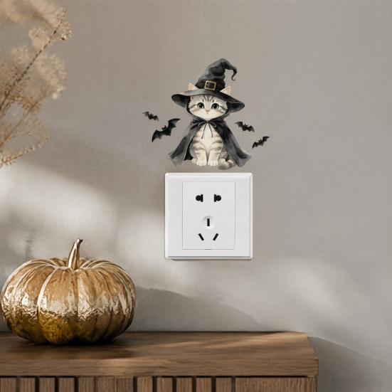 Kids Room Wall Accents Halloween Wizard Cat & Bat Switch Sticker, Self-Adhesive Light Decal, Party Supplies Removable Decor for Bedroom Living