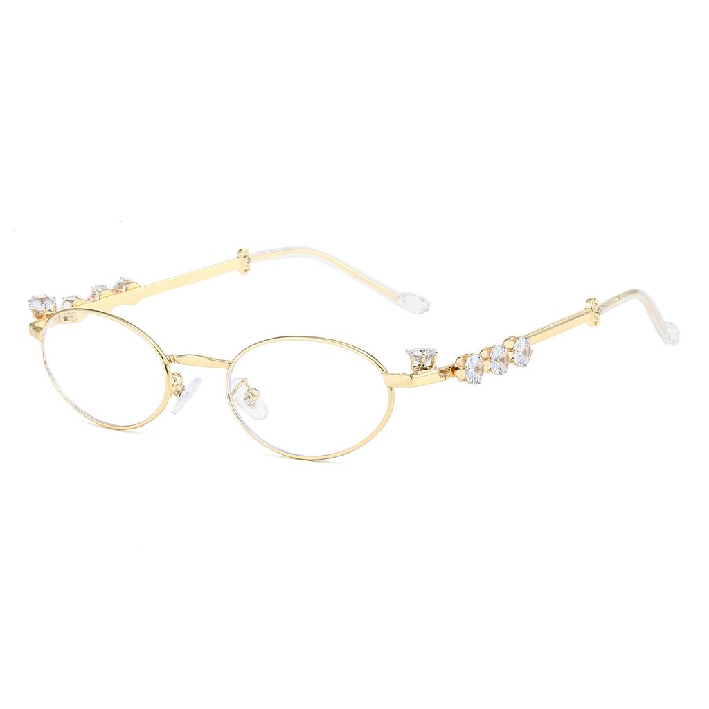 Diamond-encrusted oval metal glasses European and American pearl small frame glasses frame feeling plain plain glasses plain sunglasses